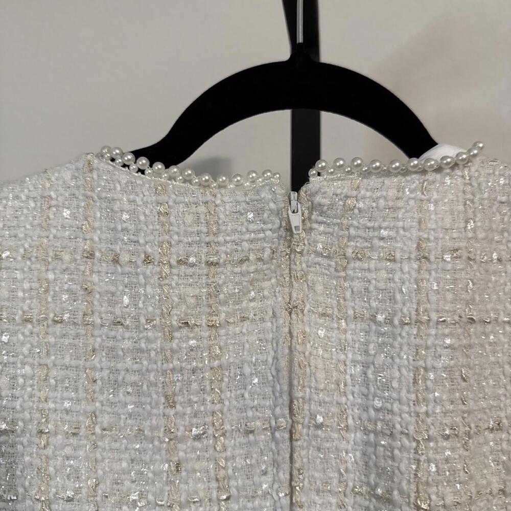 Crystal Doll Cream Boucle Sheath Dress with Gold Inlay and Pearl Collar - MED - Picture 8 of 11